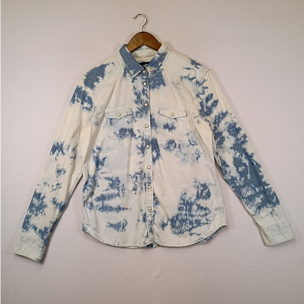 Boho Western American Eagle Womens L Blue White Tie Dye Snap Shirt Favorite Fit